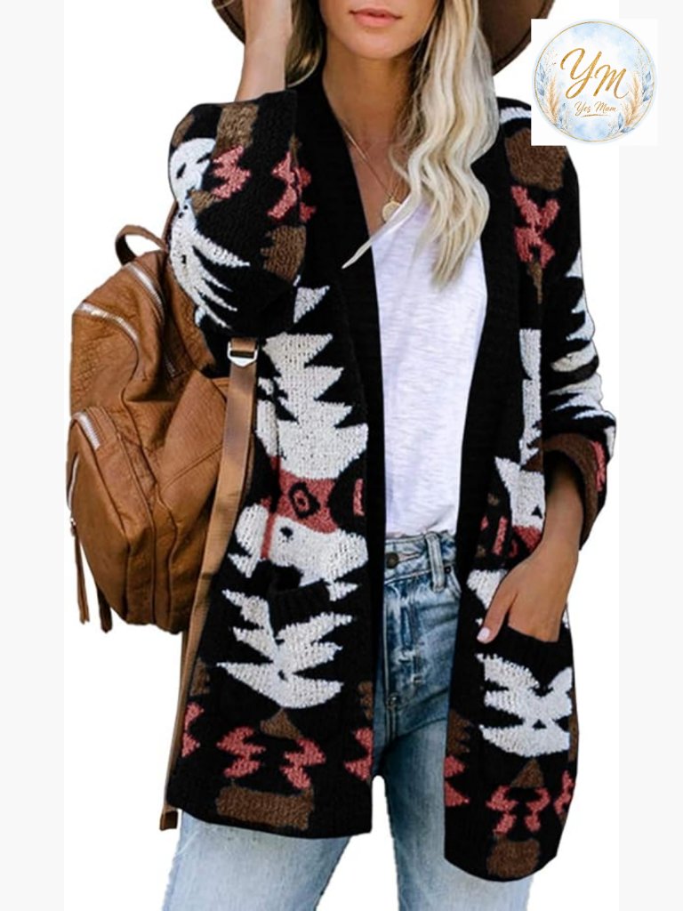Boho Aztec Open Front Cardigan Long Sleeve Knitted Jacket Coat